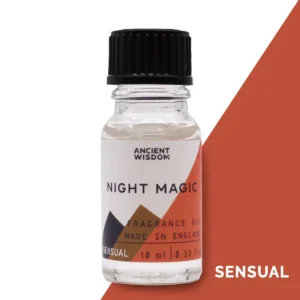 Flaska med Ancient Wisdom Night Magic doftolja 10 ml med svart lock och etikett i vitt, svart och orange