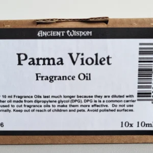 Förpackning med Ancient Wisdom Parma Violet doftolja 10 ml med etikett och streckkod