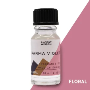 Glasflaska med Ancient Wisdom Parma Violet doftolja 10 ml med svart skruvlock och rosa etikett