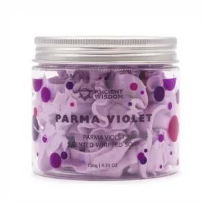 Burk med lila vispad tvål från Ancient Wisdom med Parma Violet-doft