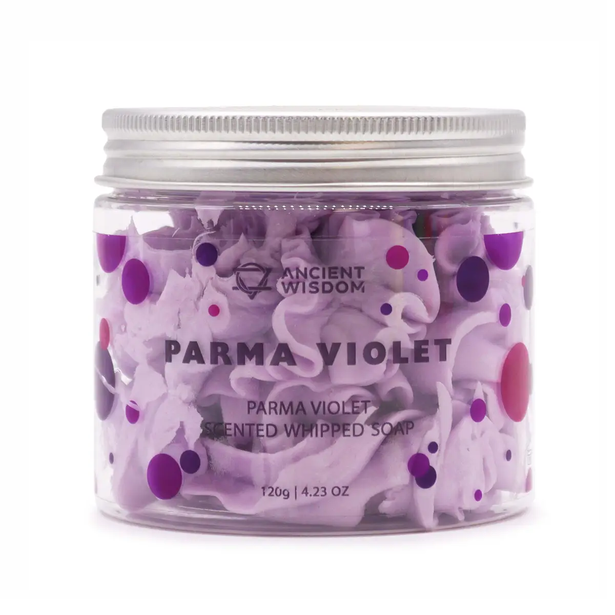 Burk med lila vispad tvål från Ancient Wisdom med Parma Violet-doft