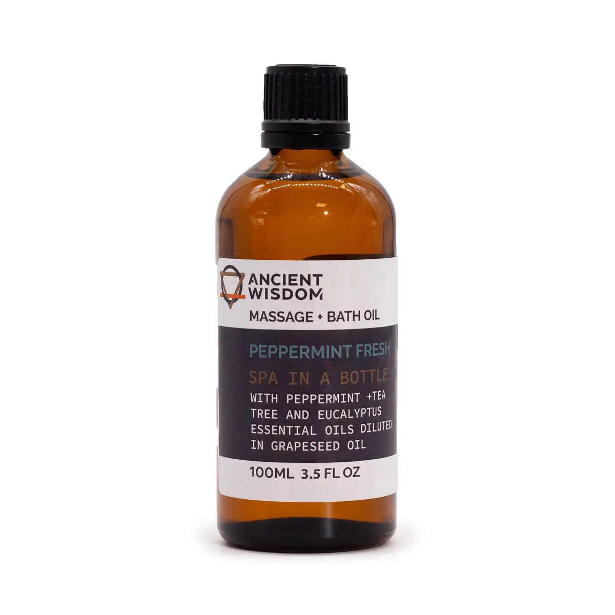 Flaska med Ancient Wisdom Pepparmyntsdoftande massageolja 100 ml