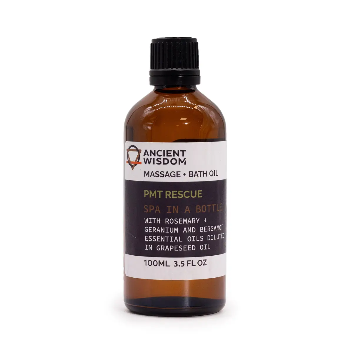 Flaska med Ancient Wisdom PMT Rescue massage- och badolja 100 ml