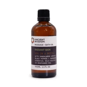 Flaska med Ancient Wisdom Sandelträ Glow Massageolja 100 ml