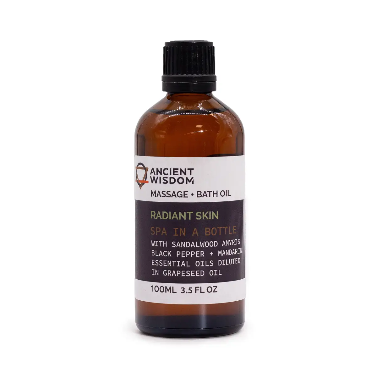 Flaska med Ancient Wisdom Sandelträ Glow Massageolja 100 ml