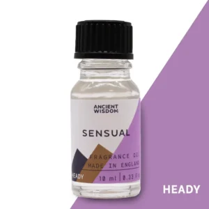 Flaska med Ancient Wisdom Sensual doftolja 10 ml med svart skruvkork och lila etikett