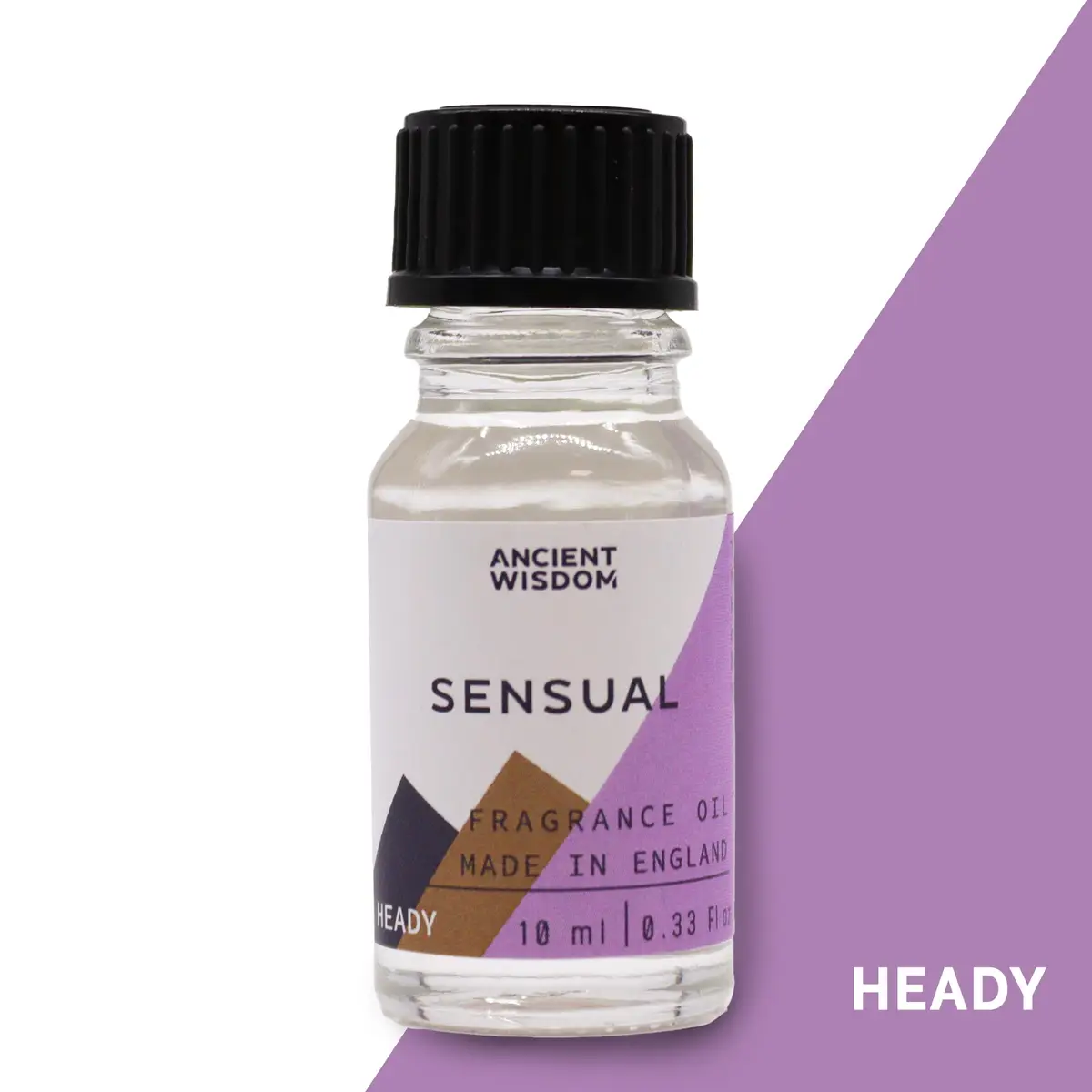 Flaska med Ancient Wisdom Sensual doftolja 10 ml med svart skruvkork och lila etikett