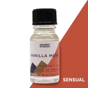 Flaska med Ancient Wisdom Vanilj och Musk doftolja 10 ml med svart skruvkork