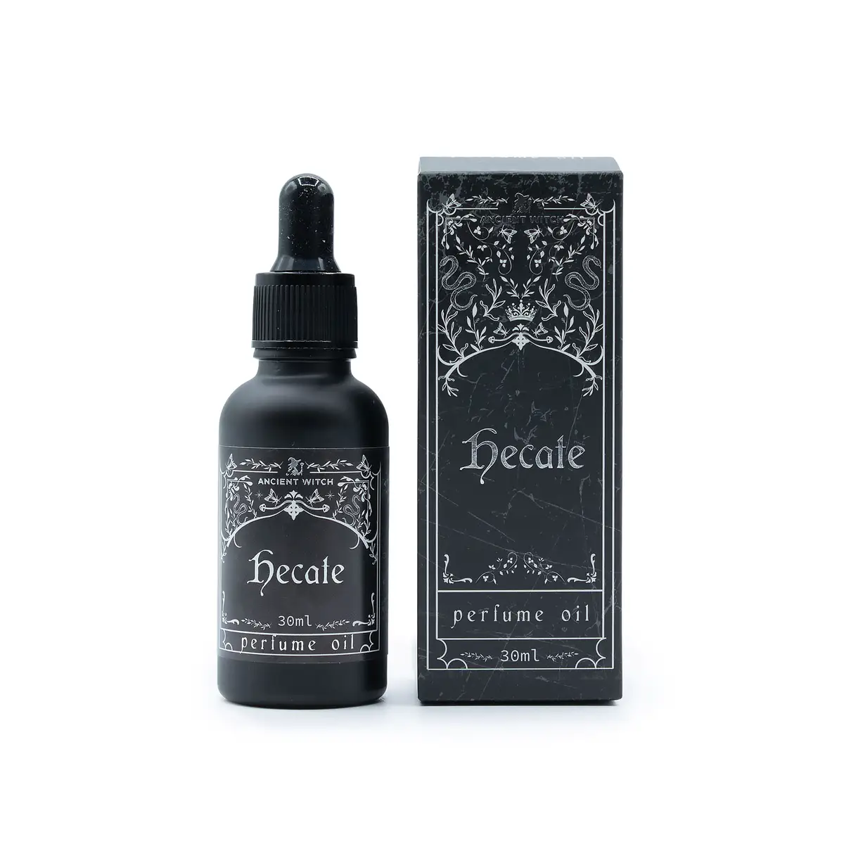 Svart flaska och förpackning med Ancient Witch parfymolja Hecate 30 ml
