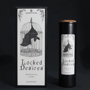 Ancient Witch reningsljus i svart behållare med kork och presentförpackning med fladdermus i bur illustration