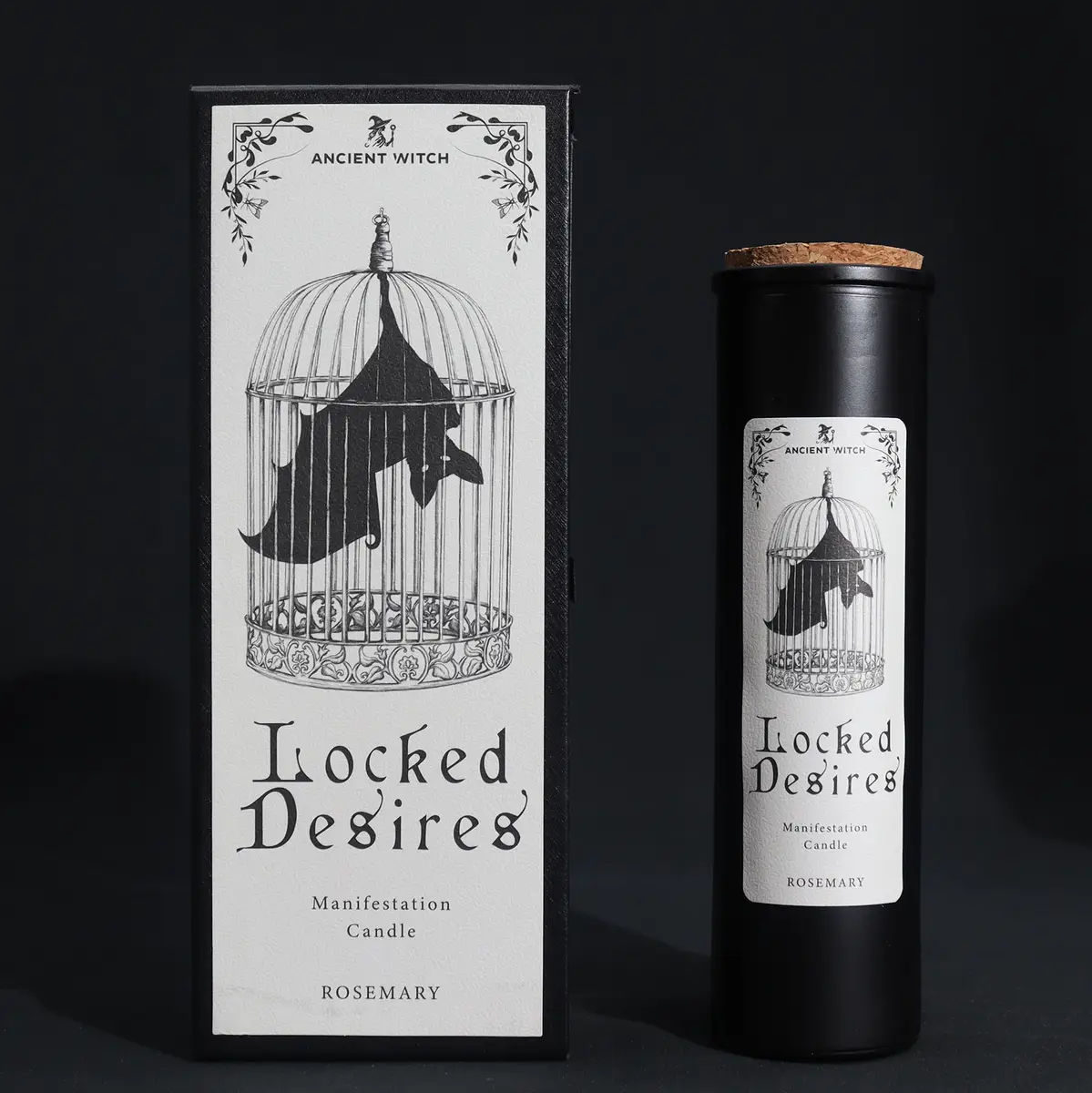 Ancient Witch reningsljus i svart behållare med kork och presentförpackning med fladdermus i bur illustration