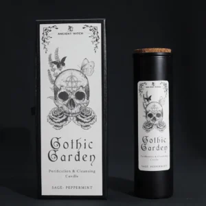 Ancient Witch ritualljus i svart behållare med etikett och presentförpackning med skalle och rosor