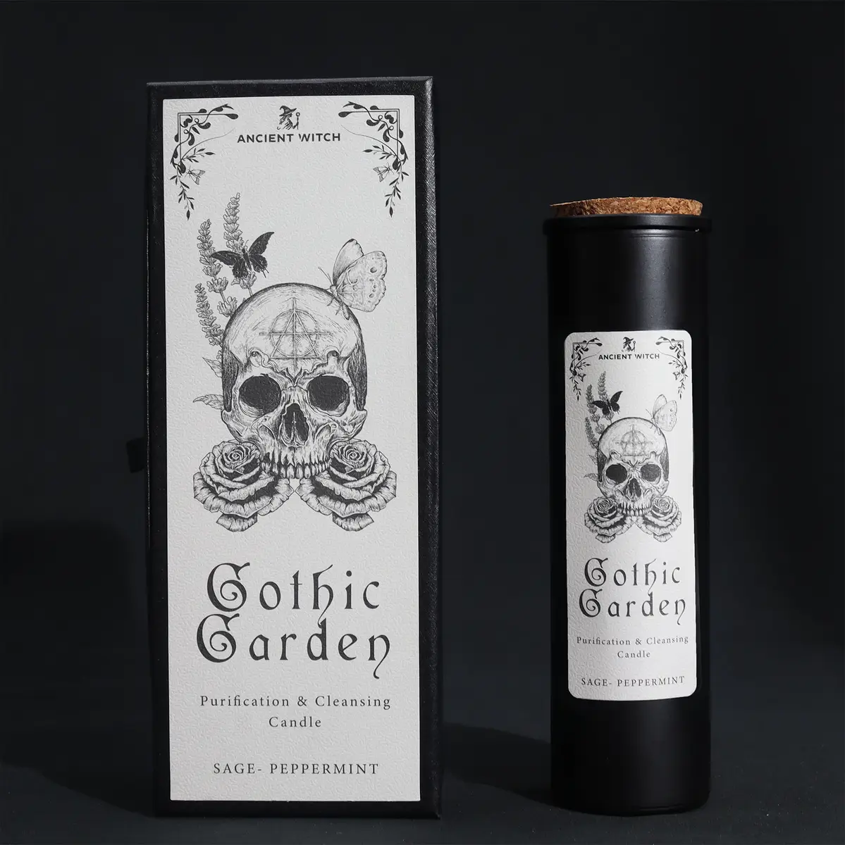 Ancient Witch ritualljus i svart behållare med etikett och presentförpackning med skalle och rosor
