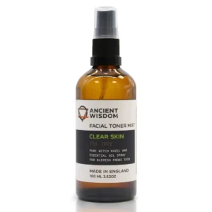 Flaska med ansiktsspray innehållande trollhassel och tea tree