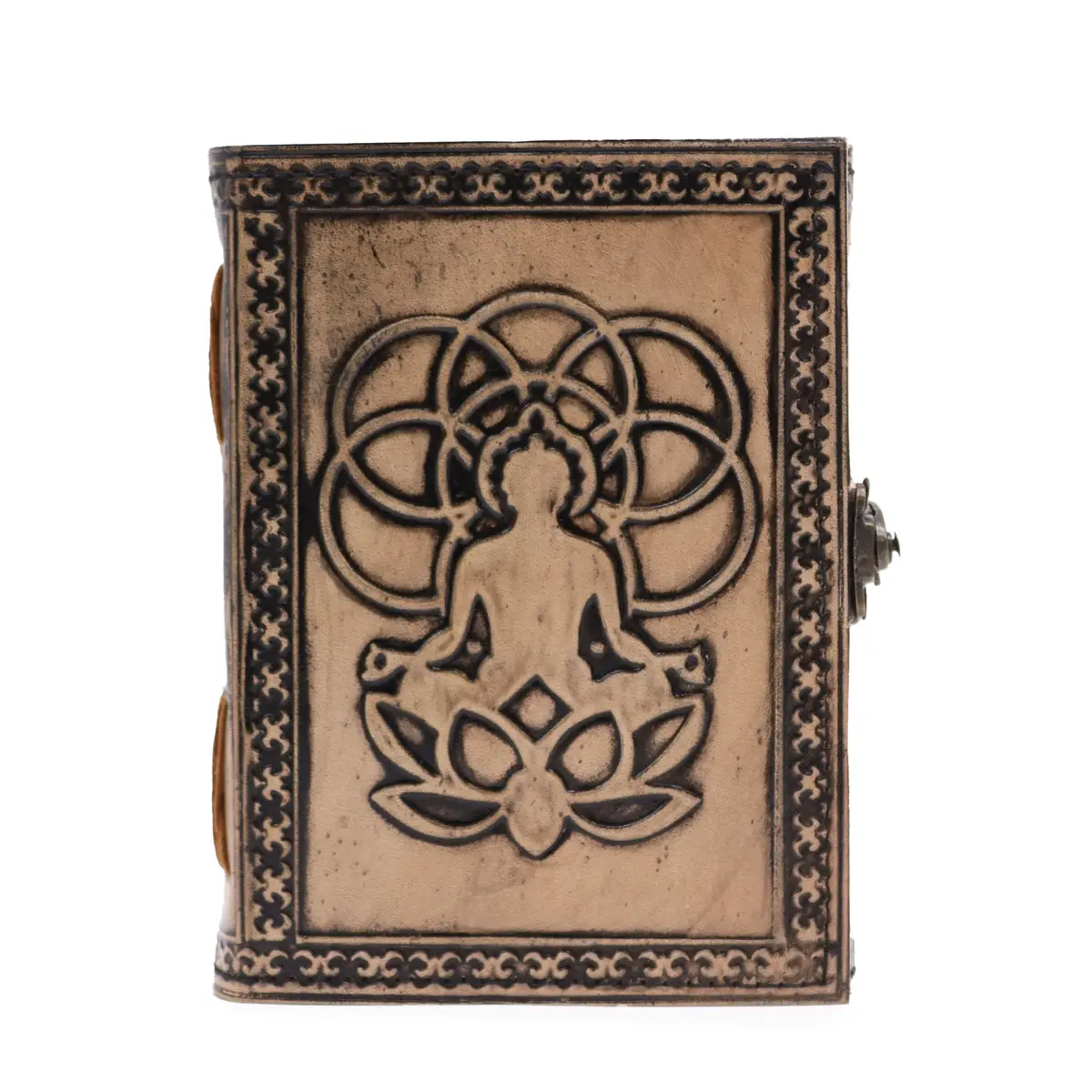 Rödbrun läderanteckningsbok med präglat Buddha-motiv och dekorativ ram