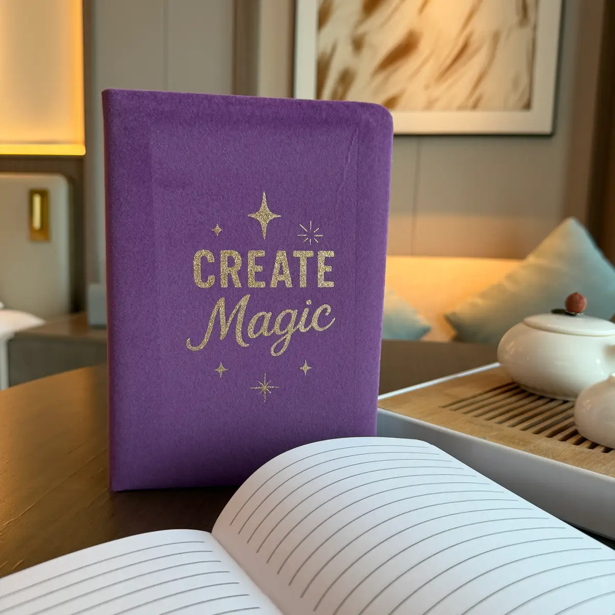 Anteckningsbok i lila sammet med 80 linjerade sidor och texten Create Magic - produktbild 4