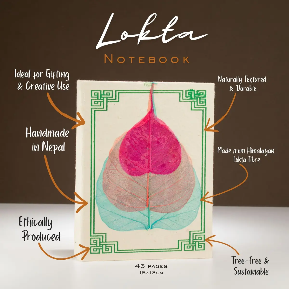 Anteckningsbok i Lokta-papper med Bodhi-löv 15x12 cm, 45 blad - produktbild 2