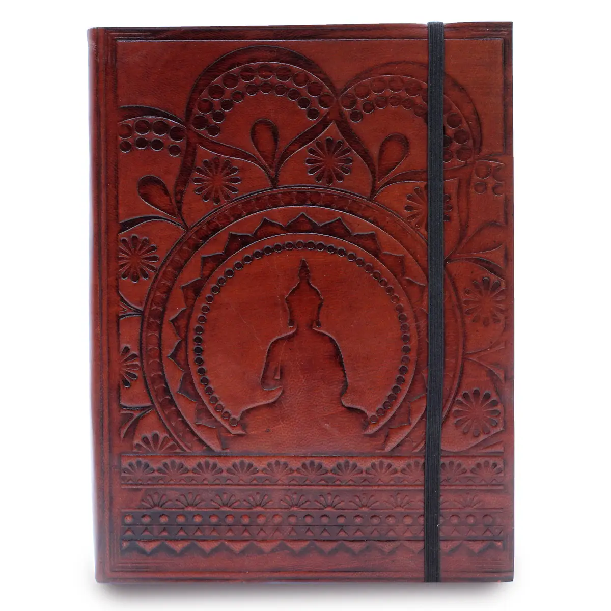 Anteckningsbok i vegetabiliskt garvat läder med rem – Tibetansk mandala - produktbild 4