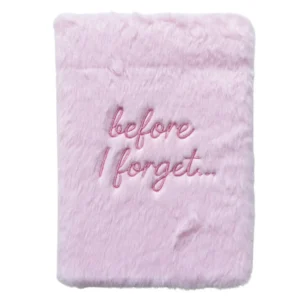 Pastellrosa anteckningsbok med mjukt fuskpälsomslag och broderad text