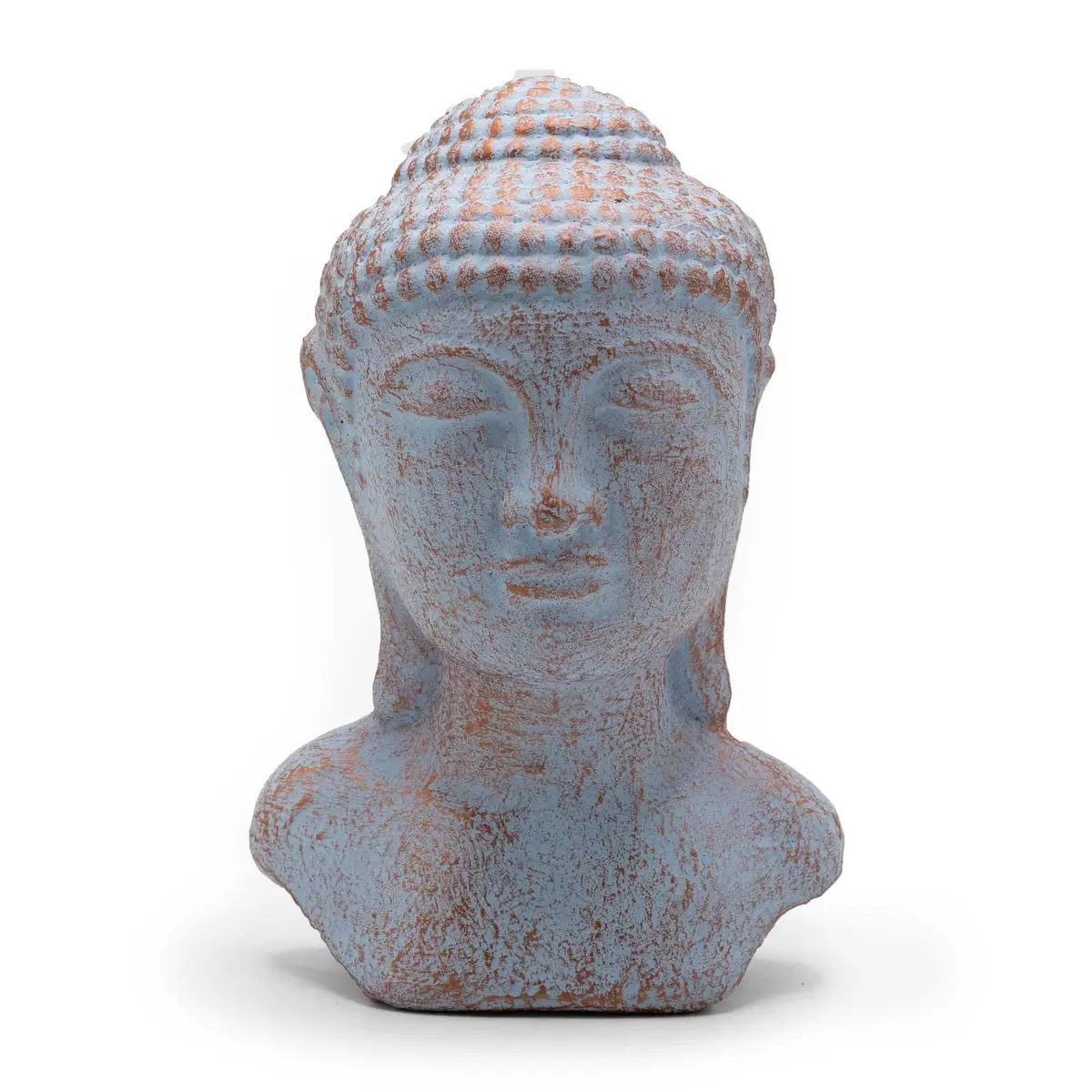 Blå kopparfärgad Buddha-huvudstaty i betong med antik finish