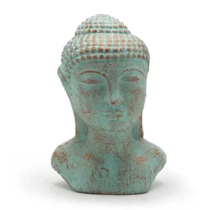 Grönt kopparfärgat Buddha-huvud i betong med antik finish