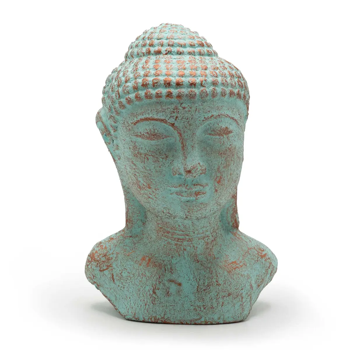 Grönt kopparfärgat Buddha-huvud i betong med antik finish