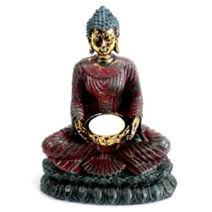 Antik Buddha-ljushållare i röd och guld med värmeljus