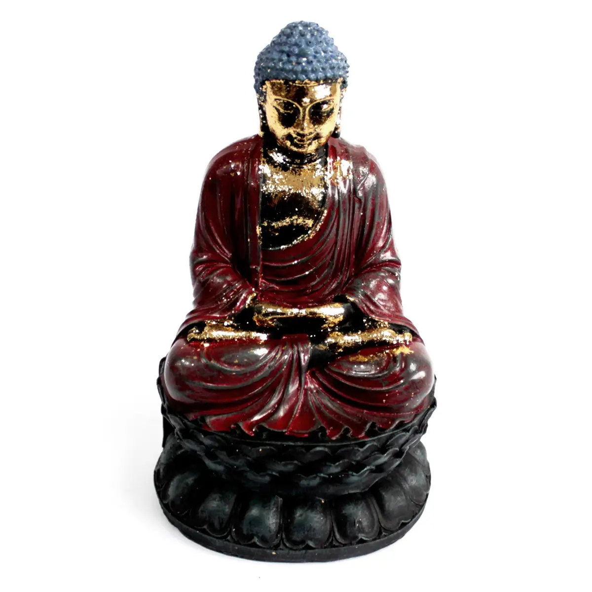 Antik Buddha-staty i klassisk stil med röd och guldig färg sittande på en lotusplatta
