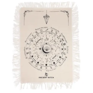 Naturfärgad bomullsduk med svart tryck av Allseende ögat och zodiakens symboler, med franskanter runtom