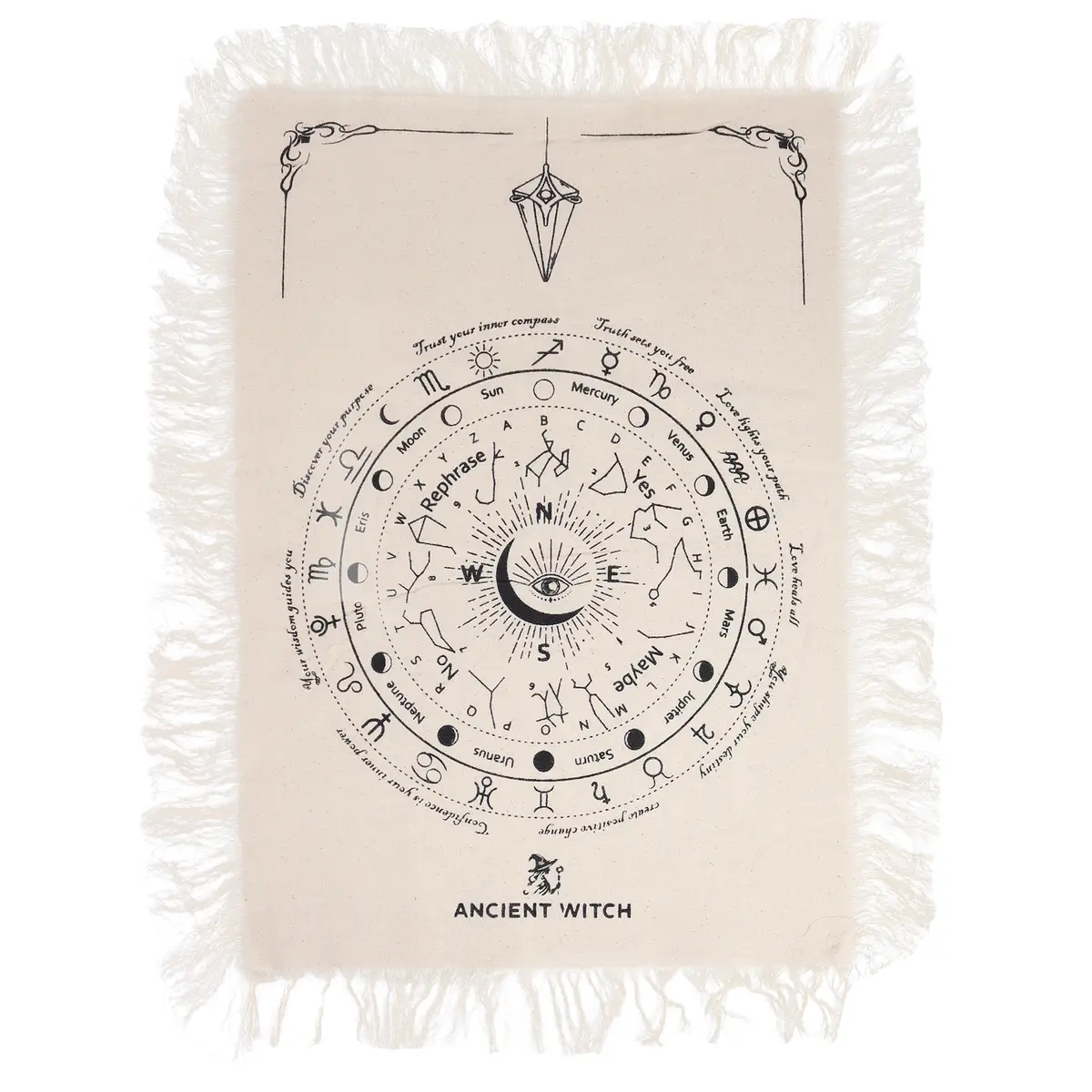Naturfärgad bomullsduk med svart tryck av Allseende ögat och zodiakens symboler, med franskanter runtom