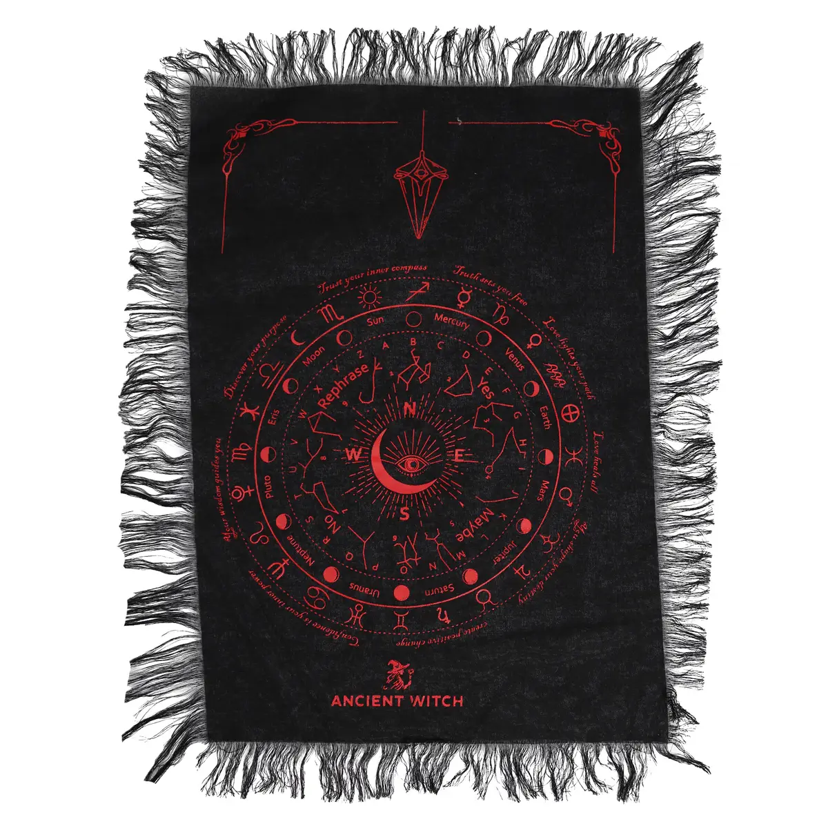 Svart pendelduk med blodröda zodiak- och himmelsymboler samt fransar runt kanten