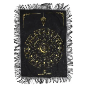 Svart pendelduk med guldtryck av alltseende öga och zodiakens symboler med franskanter