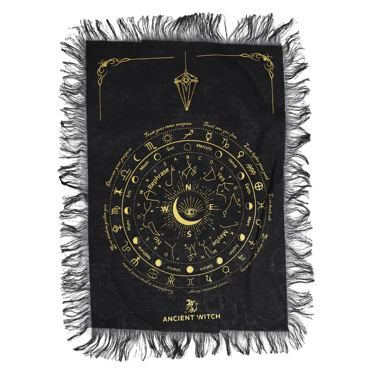 Svart pendelduk med guldtryck av alltseende öga och zodiakens symboler med franskanter