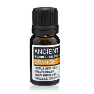 Flaska med eterisk apelsinolja 10 ml med svart lock och etikett