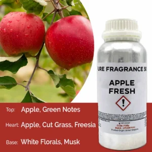 Flaska med Apple Fresh doftolja 500 ml och röda äpplen på gren