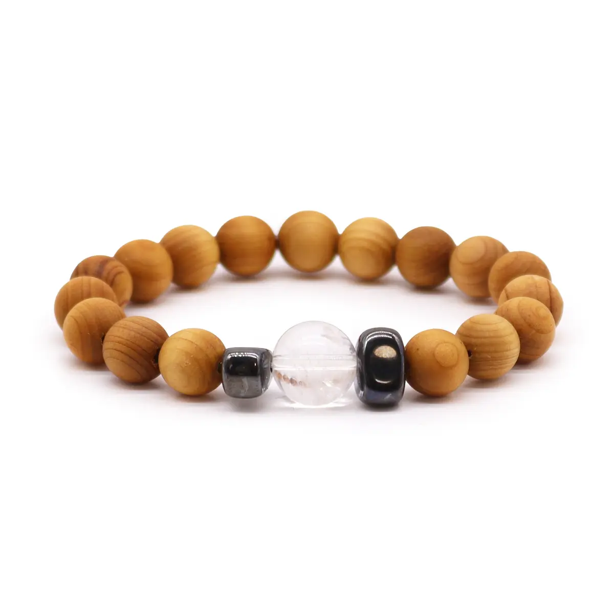 Armband i cederträ med rund klar kvartssten och mörka pärlor