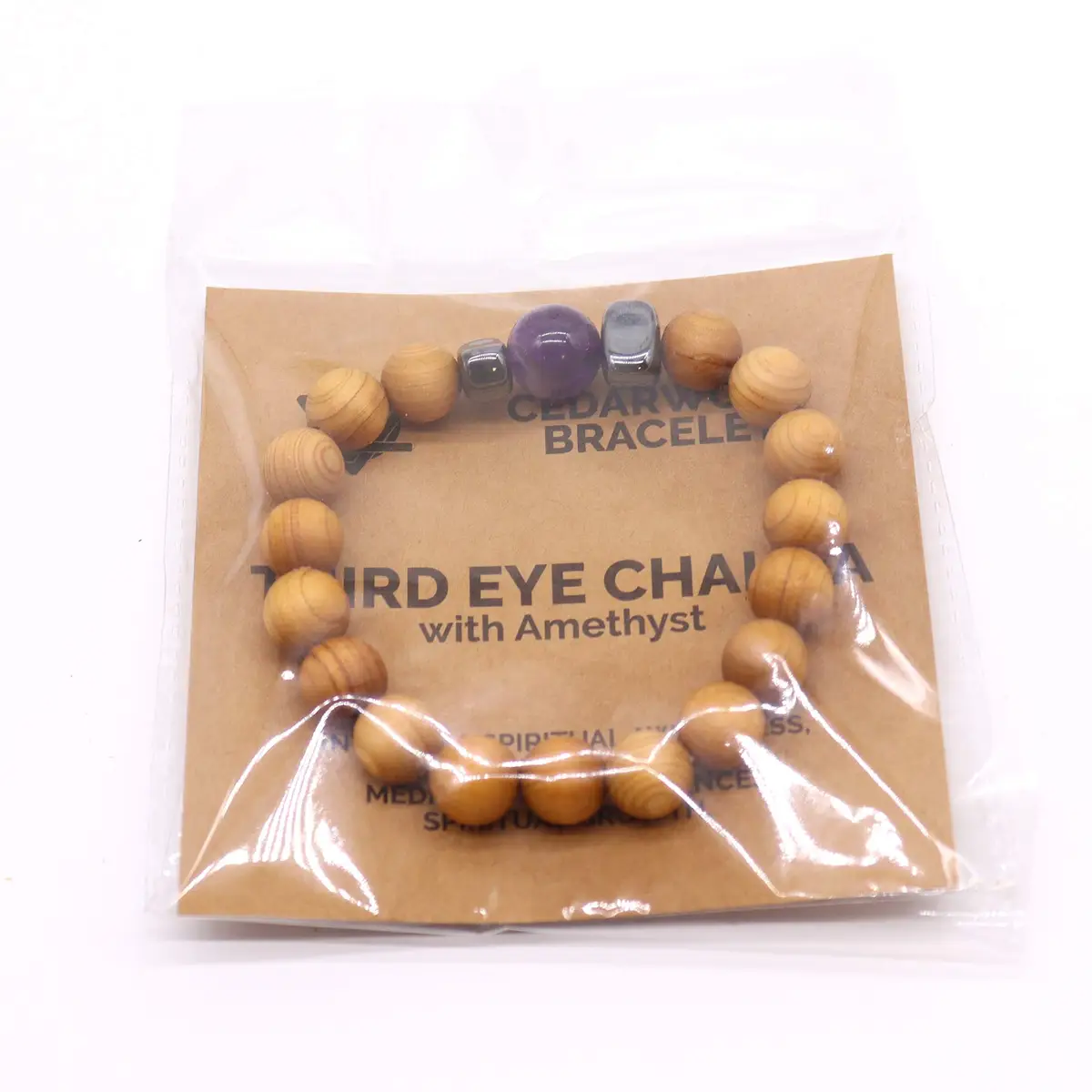 Armband i cederträ med tredje ögat-chakra och ametist - produktbild 2