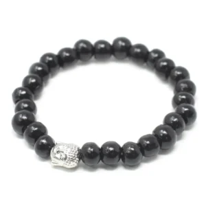 Svart elastiskt armband i trä med silverfärgad Buddha-berlock