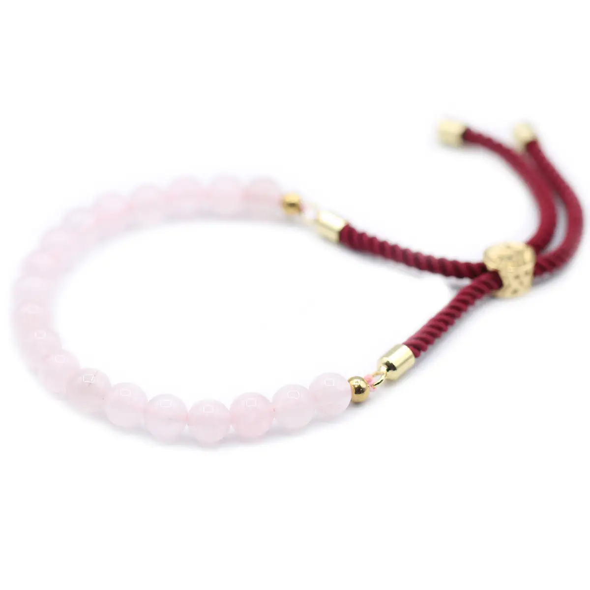 Armband med rosa rosenkvartsstenar och bordeauxfärgat snöre med guldförgylld justerbar låsning