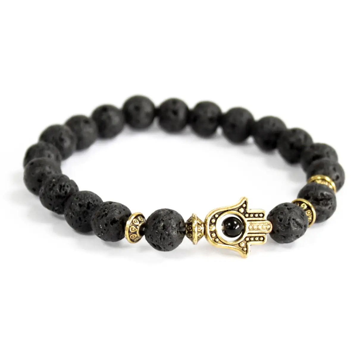 Svart elastiskt armband med lavastenpärlor och guldfärgad hand av Hamsa