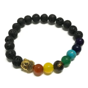 Svart armband med porösa lavastenpärlor och färgglada ädelstenar samt en guldfärgad Buddha-berlock