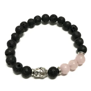 Svart armband med lavastenpärlor, rosa rosenkvarts och Buddha-huvud i metall