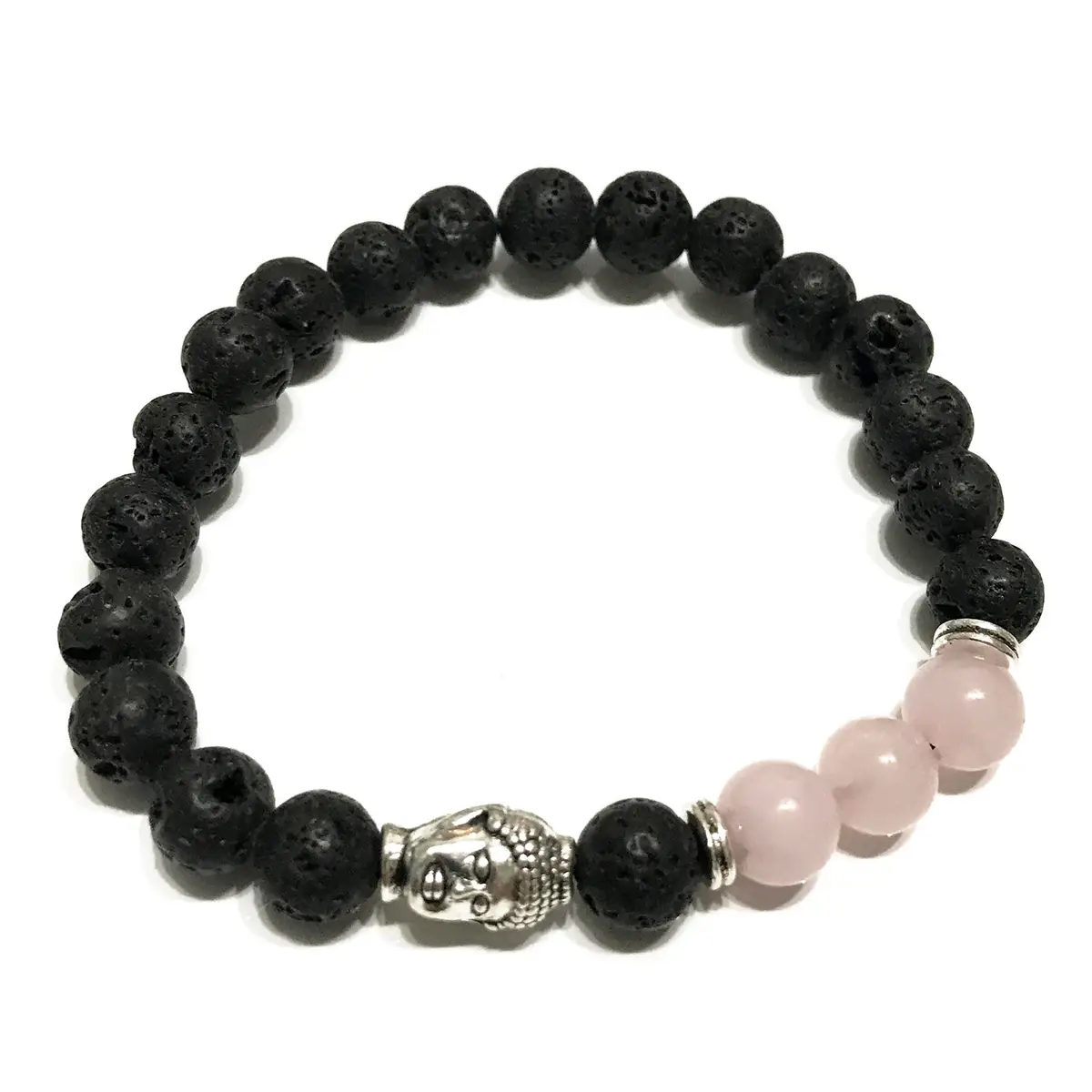 Svart armband med lavastenpärlor, rosa rosenkvarts och Buddha-huvud i metall