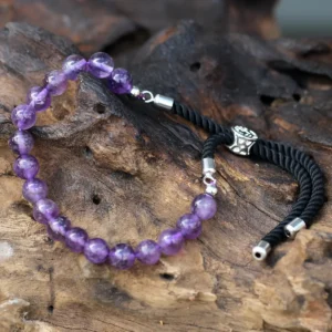Armband med svart snöre och ametistpärlor med 925 silverpläterad justerbar låsning - produktbild 3