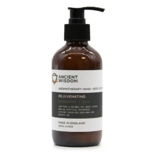 Flaska med aromaterapeutisk hand- och kroppslotion med pump och etikett
