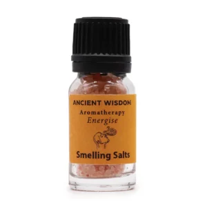 Flaska med aromaterapi doftsalt Energise med orange etikett och svart lock