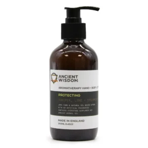 Brun pumpflaska med aromaterapi hand- och kroppslotion från Ancient Wisdom