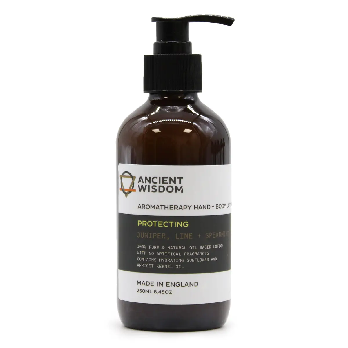 Brun pumpflaska med aromaterapi hand- och kroppslotion från Ancient Wisdom