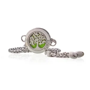 Aromaterapiarmband i rostfritt stål med livets träd-design och grönt filtdyna