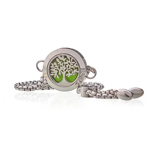 Aromaterapiarmband i rostfritt stål med livets träd-design och grönt filtdyna